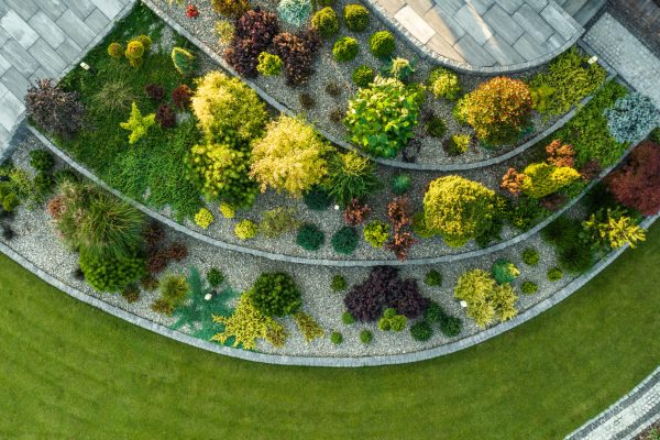 Aerial View of a Large Modern Residential Backyard Garden